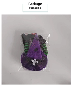 Detail of Halloween witch hat wine bottle cover with purple sequins and striped legs