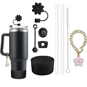 8-piece black Stanley cup accessory set with flower straw covers and protective silicone boot