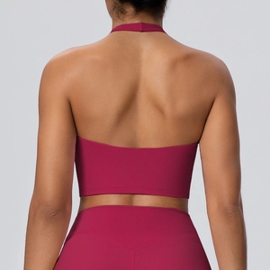 Vista posteriore del reggiseno sportivo bordeaux con scollo all'americana e leggings
