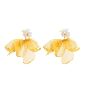Elegant fabric gauze flower earrings with yellow organza petals and zircon stones for women