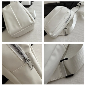 Detailed views of a white PU leather chest bag featuring silver zippers and nylon straps