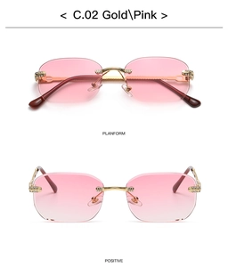 Dual view of rimless gold sunglasses with pink gradient lenses and side diamond accents