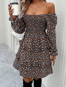 Floral off-the-shoulder mini dress with long sleeves and layered ruffle hem details