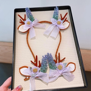 Christmas reindeer antler headband and hair clips with purple flowers and bows set