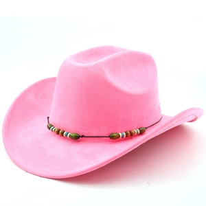 Detail of pink faux suede cowboy hat featuring colorful decorative beads on the band