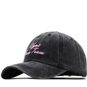 Vintage dark gray washed denim baseball cap with pink embroidery for street style