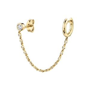 Gold chain double stud earring featuring cz accents and a polished hoop connector