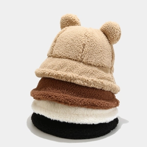 Bear Ear Bucket Hat Faux Lamb Wool Warm Thick Plush Basin Hat Cute Solid Color Windproof Outdoor Winter Cap For Women