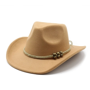 Detail of khaki cowboy hat with woven rope band and retro brass beads in felt material