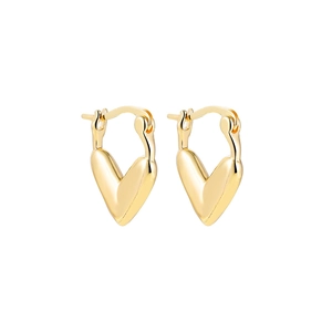 Detailed view of symmetric 18K gold heart-shaped earrings with zircon micro-paving