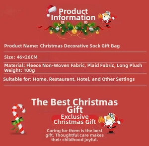 Macro view of Christmas stocking gift bag 46x26cm with plush plaid and gnome design
