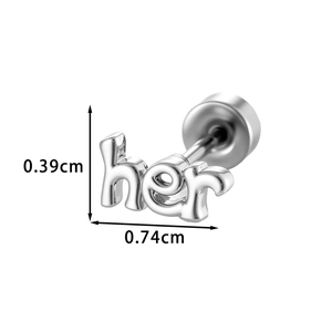 Minimalist silver 'her' letter stud earring, measuring 0.39cm by 0.74cm in a polished finish