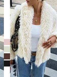 Women Faux Fur Coat Shaggy Long Sleeve Lapel Collar Open Front Winter Warm Soft Jacket Casual Streetwear Chic Outerwear
