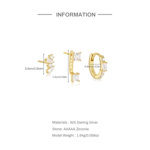 Detailed size specifications for a three-piece S925 sterling silver marquise zircon earring set