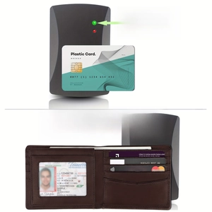 Brown leather wallet RFID blocking demonstration with signal scanner comparison