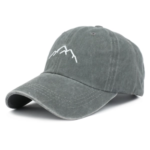 Close-up of the vintage washed grey cotton baseball cap with white mountain embroidery