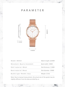 Detailed specifications of rose gold mesh strap quartz watch with 32mm white dial