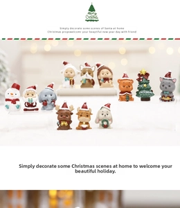 Macro detail of a 12-piece miniature Christmas resin figurine set with festive characters