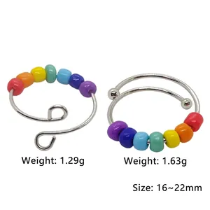 Rainbow bead titanium steel open rings with spiral and double-layer designs for women