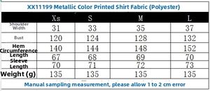 Size chart showing measurements for the metallic thread print long sleeve shirt for women