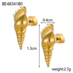 Detailed view of conch-shaped gold stud earrings showing dimensions 1.3cm by 0.4cm