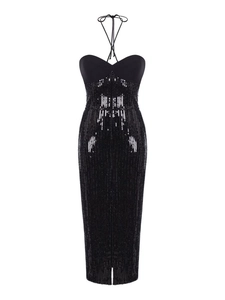 Detail of sequin texture and halter tie on black bodycon evening midi dress
