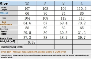 Size chart detail for wide-leg pants showing waist, hip, and length measurements in centimeters