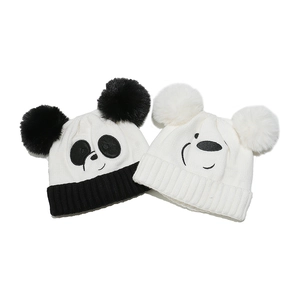 Bonnet En Maille Dessin Animé Panda Ours Enfants Hiver Chaud Doublé Polaire Pompons Acrylique