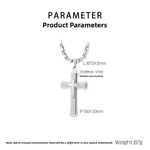 Detailed view of triple-layer stainless steel cross necklace with size and weight specs