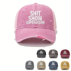 Washed Cotton Trucker Hat Distressed Mesh Baseball Cap Shit Show Supervisor Print Adjustable Outdoor Sunshade