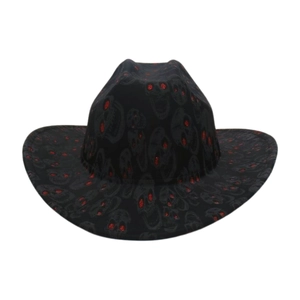 Black cowboy hat with red glitter skull patterns for Halloween party and jazz events