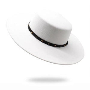 Vintage Boater Hat Cotton Polyester Blend Flat Top Wide Brim With Metal Rivets Fashion Jazz Fedora For Men Women