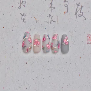 Exquisite Chinese style embossed nail stickers featuring flowers and birds on gray base