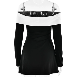 Rear view of sleek black and white bodycon tube dress on a transparent model