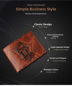 Detailed view of brown leather wallet featuring embossed skull design and precise stitching