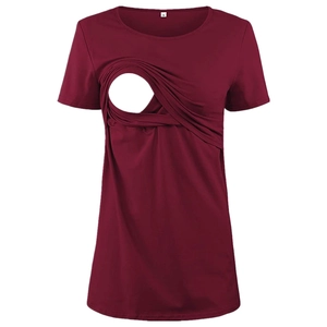 Short sleeve nursing top in dark red with double layer crossover opening for breastfeeding