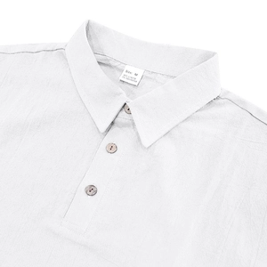 Close-up of white linen POLO shirt neckline showing fabric texture and size M label