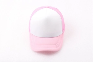Top view of pink and white mesh trucker hat with adjustable plastic snap closure