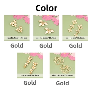 Detailed views of 18K gold plated floral and leaf DIY charms with precise size dimensions