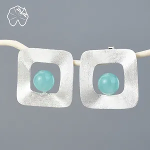 Minimalist S925 silver square earrings with natural blue stone on branch