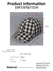 Size chart for plaid linen baseball cap showing head circumference and brim dimensions