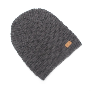 Detailed texture of dark grey ribbed knit beanie with a brown faux leather logo patch