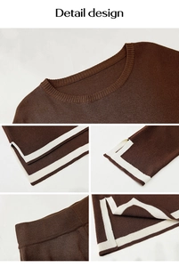 Detail design showing brown ribbed crewneck and striped cuffs of knitted sweater set