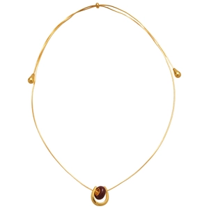 Gold plated U-shape pendant necklace with deep red bead and adjustable chain