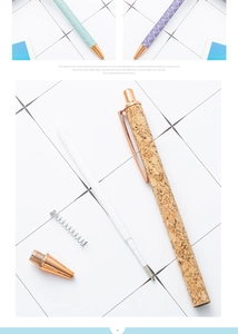 Detailed exploded view of creative ballpoint pen showing cork barrel and rose gold parts
