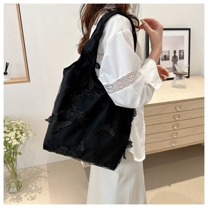 Chiffon tote bag with butterfly embroidery and black lace, stylish summer shoulder bag