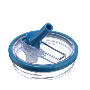 Macro view of transparent tumbler lid with blue silicone straw tip for travel mugs