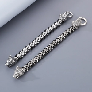 Retro stainless steel wolf head braided leather bracelet with silver metal ring buckle
