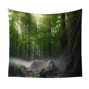 Nature wall tapestry featuring a misty forest sunrise with sunlight beams through trees
