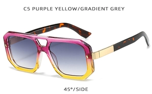 Details von eckiger Sonnenbrille mit lila-gelbem Verlauf und Bügeln in Schildpatt